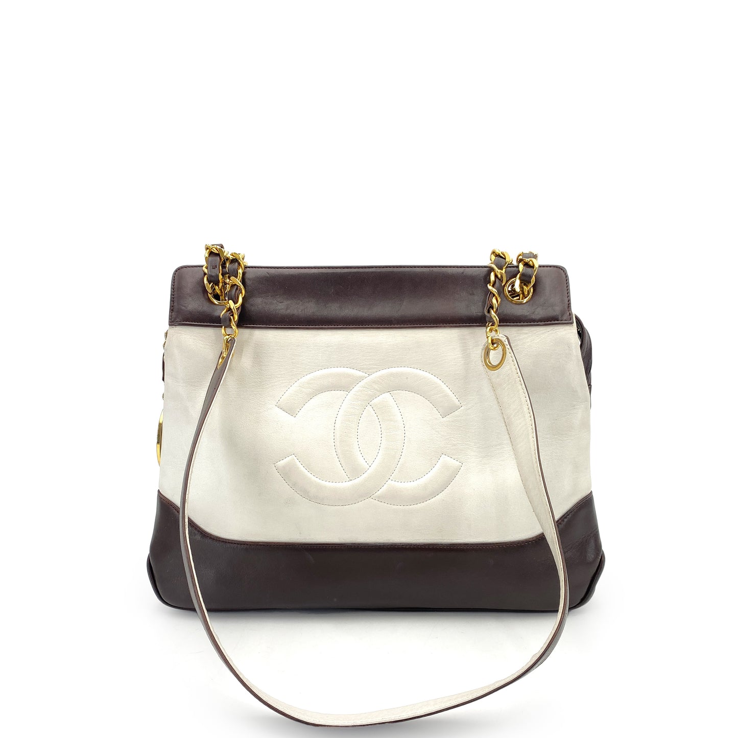 CHANEL VINTAGE BIG COCO CHAIN TOTE BAG BROWN WHITE LAMB SKIN 90245798