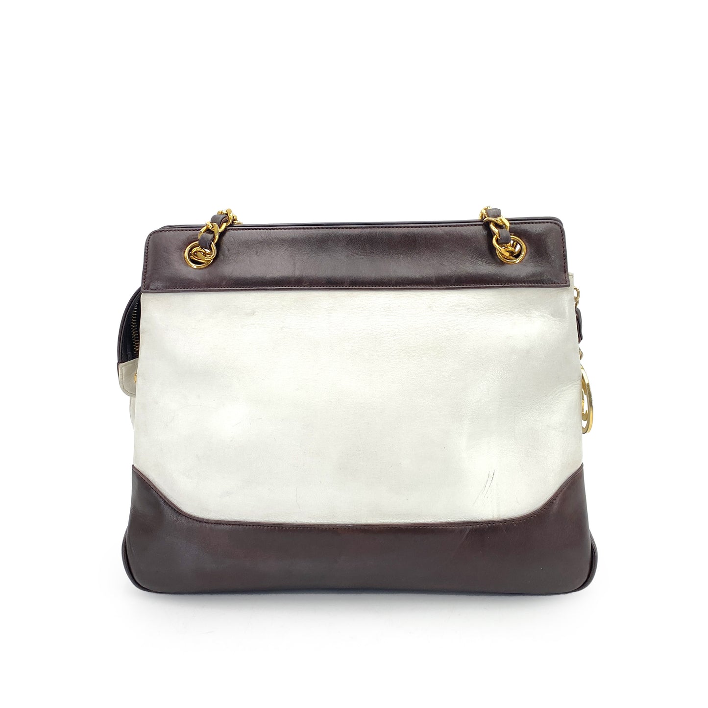 CHANEL VINTAGE BIG COCO CHAIN TOTE BAG BROWN WHITE LAMB SKIN 90245798