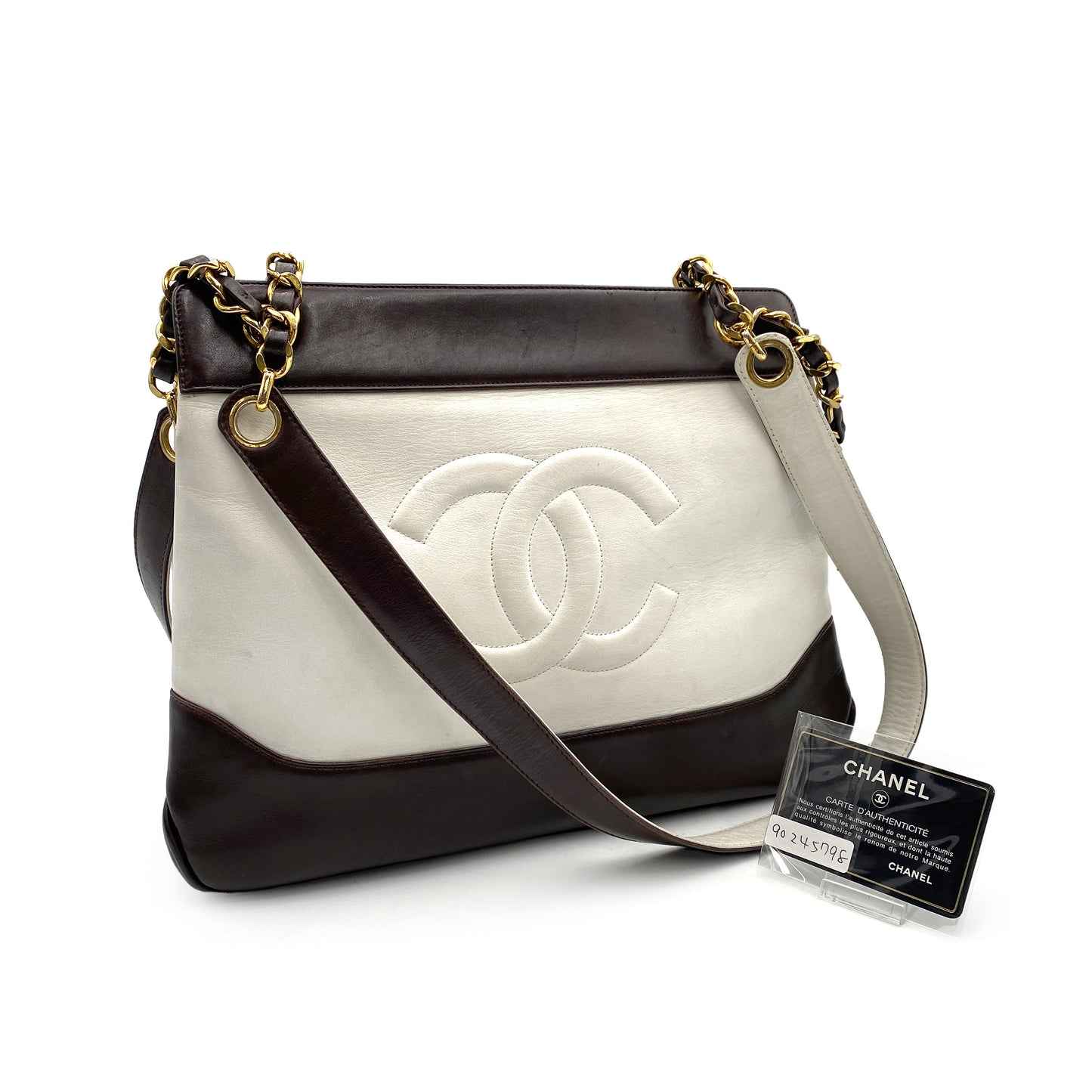 CHANEL VINTAGE BIG COCO CHAIN TOTE BAG BROWN WHITE LAMB SKIN 90245798