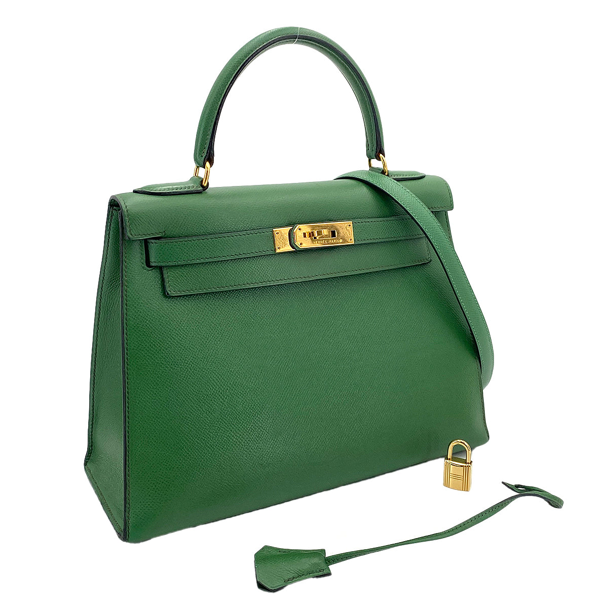 HERMES KELLY 28 SELLIER GREEN TYPE COUCHVEL HAND SHOULDER BAG 〇X 90246310