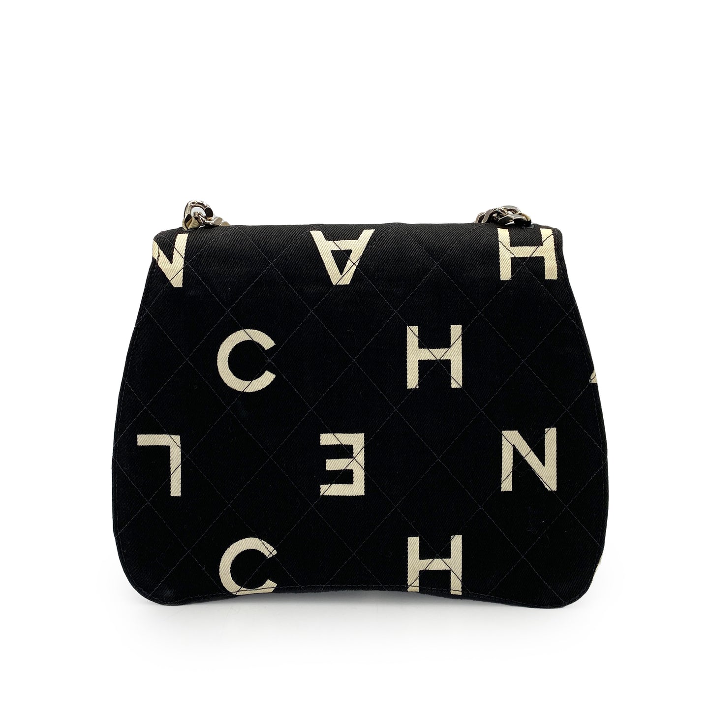 CHANEL VINTAGE LOGO PRINT CHAIN HAND BAG CANVAS BLACK 90246349