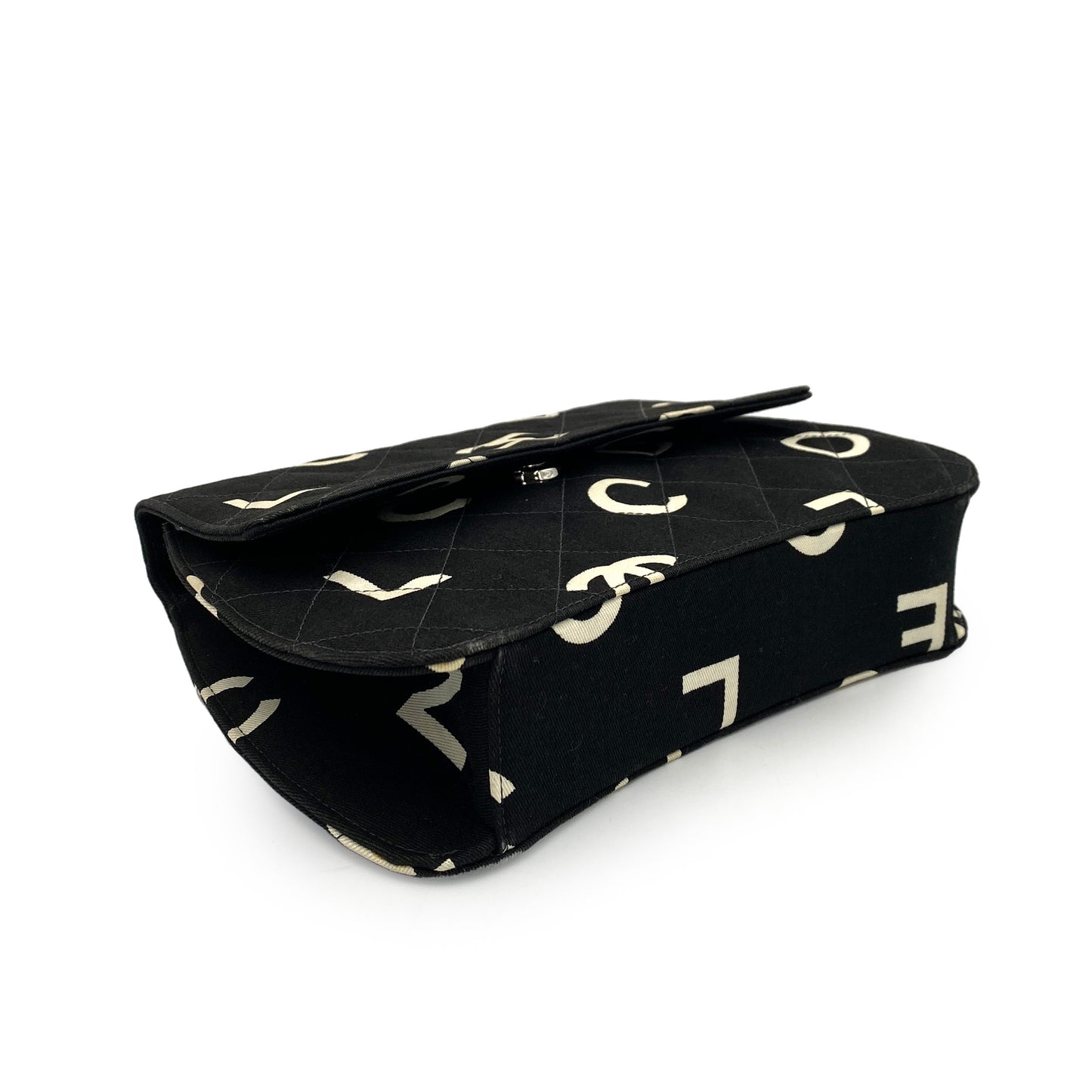 CHANEL VINTAGE LOGO PRINT CHAIN HAND BAG CANVAS BLACK 90246349