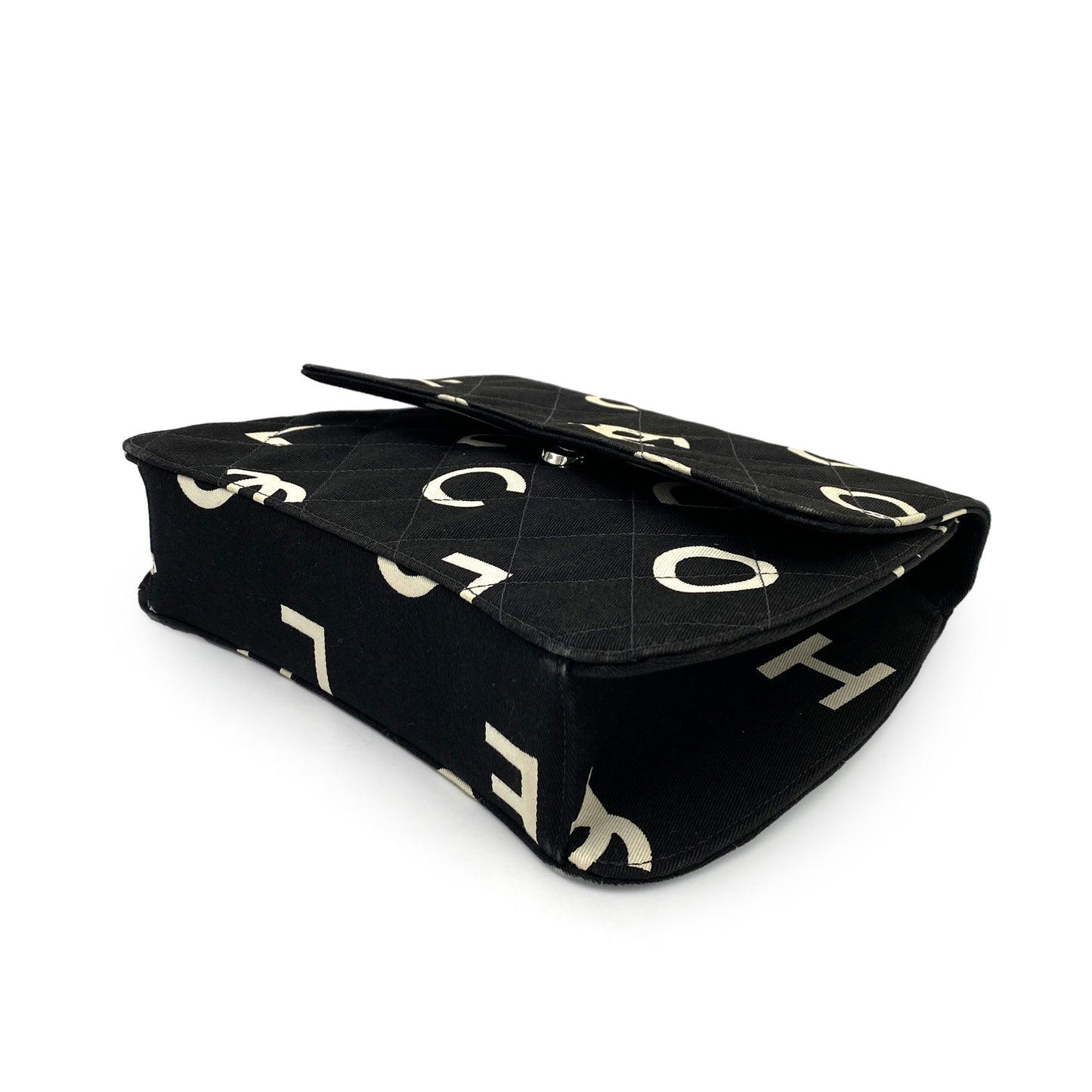 CHANEL VINTAGE LOGO PRINT CHAIN HAND BAG CANVAS BLACK 90246349