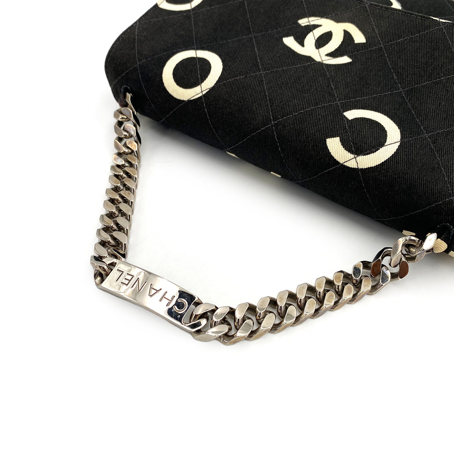 CHANEL VINTAGE LOGO PRINT CHAIN HAND BAG CANVAS BLACK 90246349