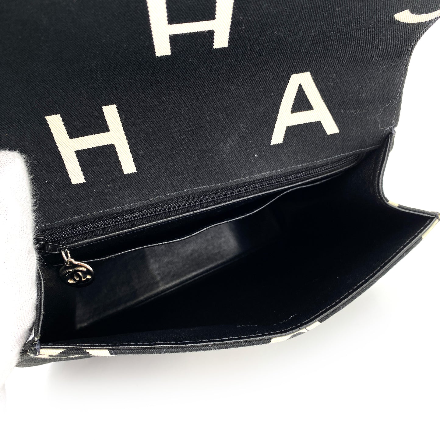 CHANEL VINTAGE LOGO PRINT CHAIN HAND BAG CANVAS BLACK 90246349