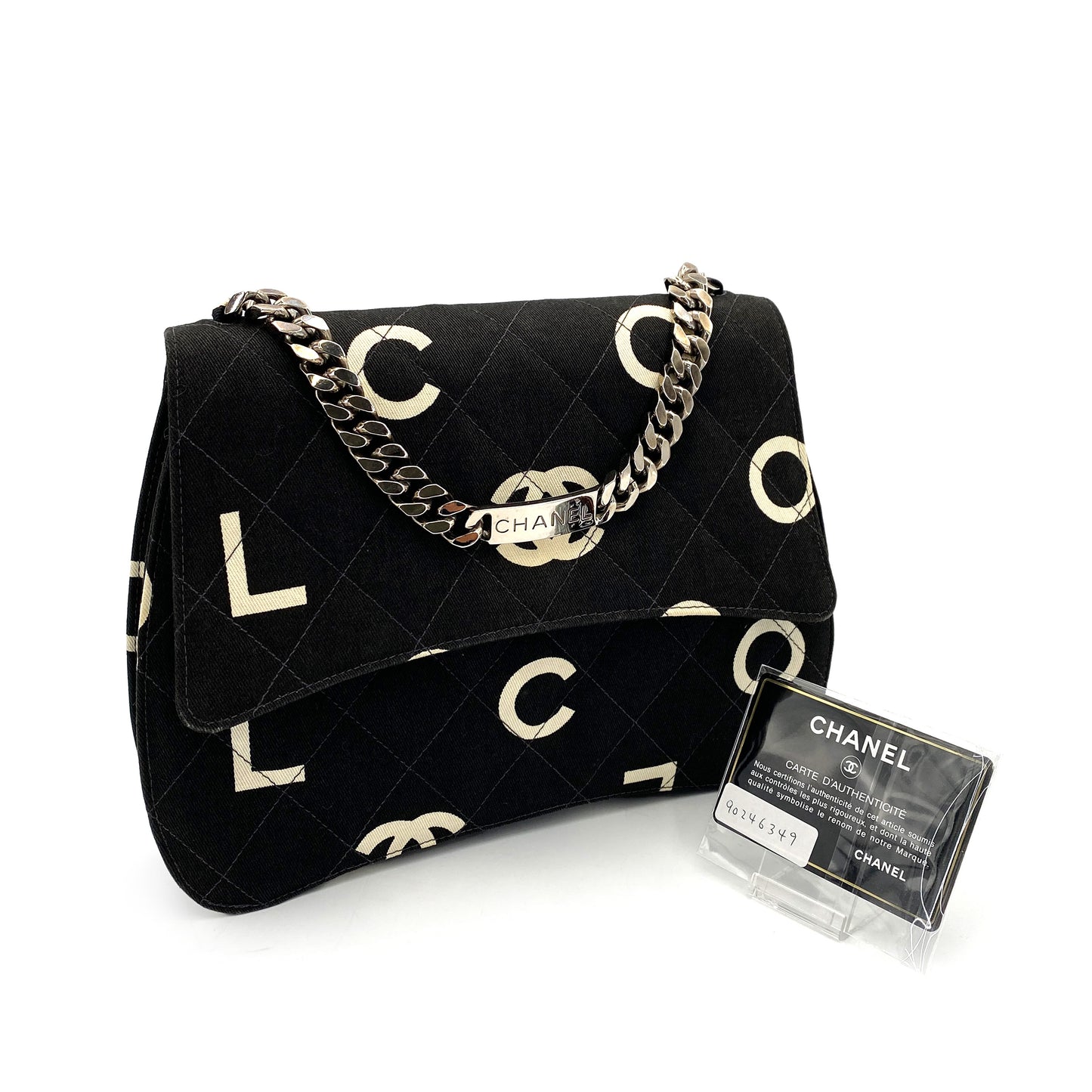 CHANEL VINTAGE LOGO PRINT CHAIN HAND BAG CANVAS BLACK 90246349