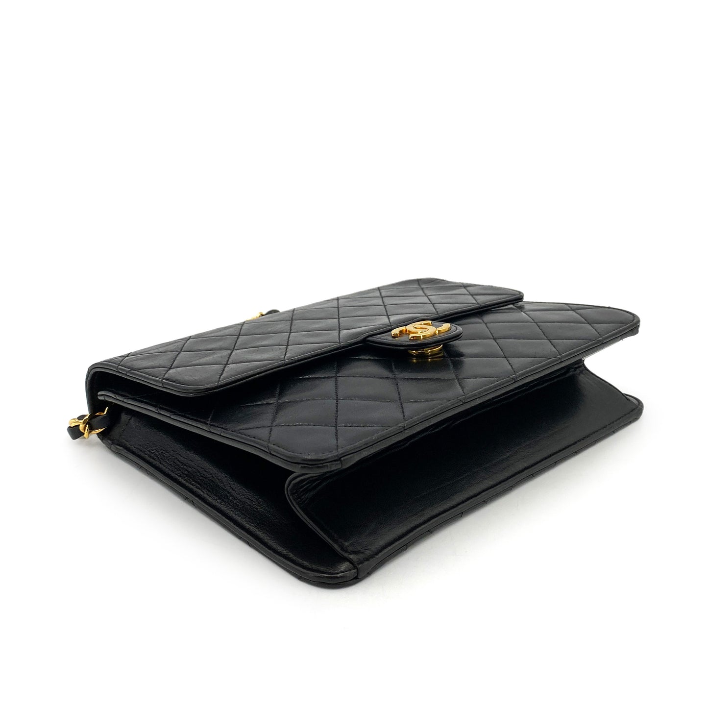 CHANEL VINTAGE MATELASSE PUSH LOCK CHAIN SHOULDER BAG BLACK LAMB SKIN 90246356