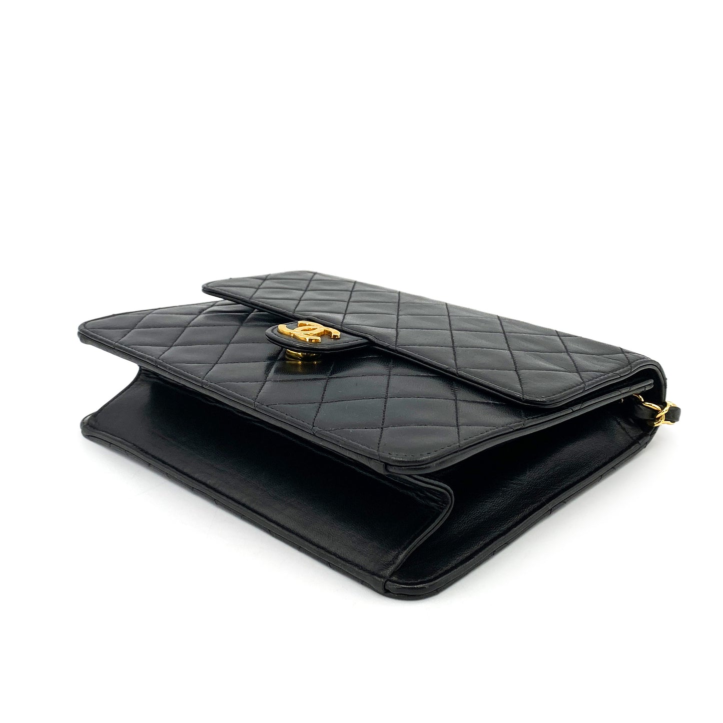 CHANEL VINTAGE MATELASSE PUSH LOCK CHAIN SHOULDER BAG BLACK LAMB SKIN 90246356