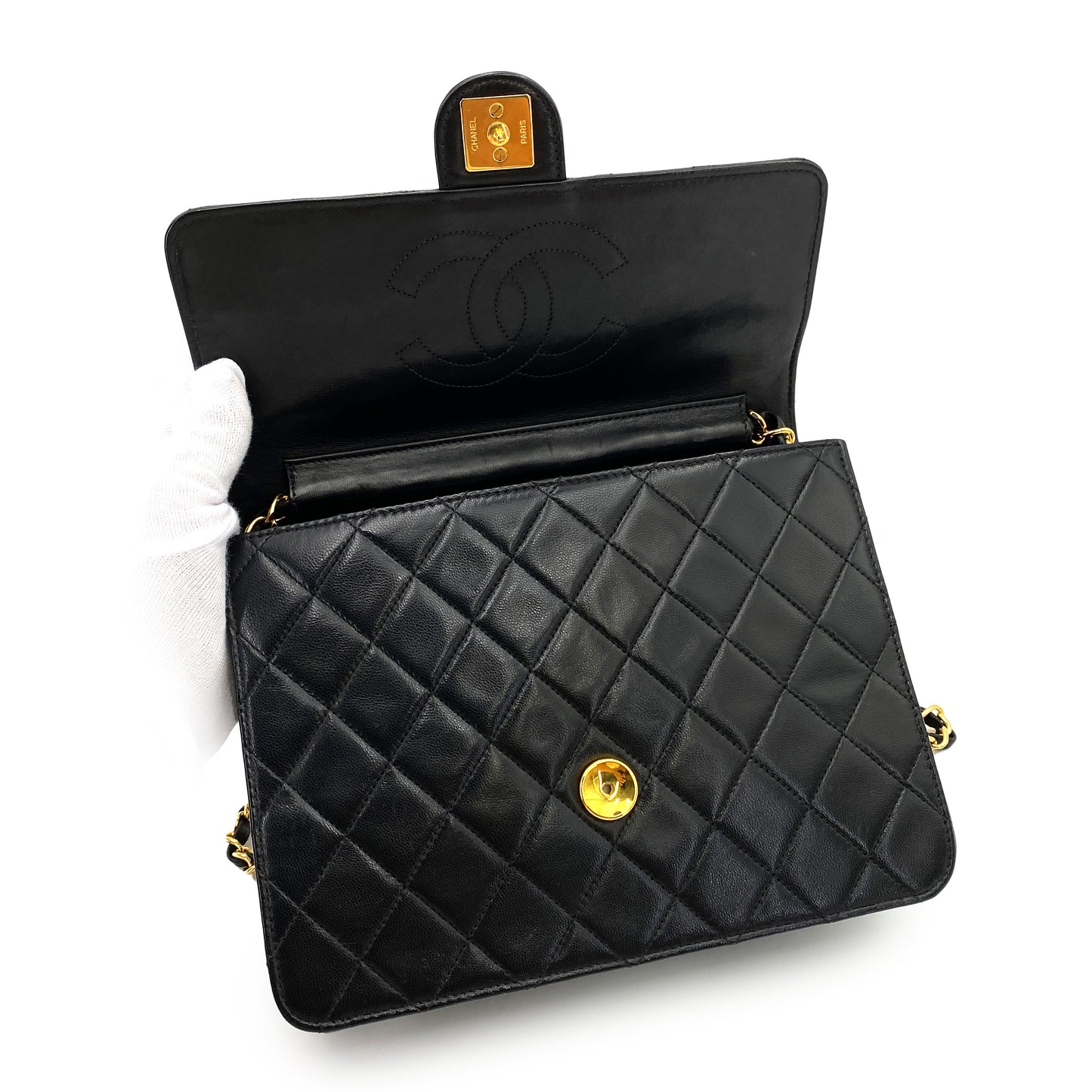 CHANEL VINTAGE MATELASSE PUSH LOCK CHAIN SHOULDER BAG BLACK LAMB SKIN 90246356