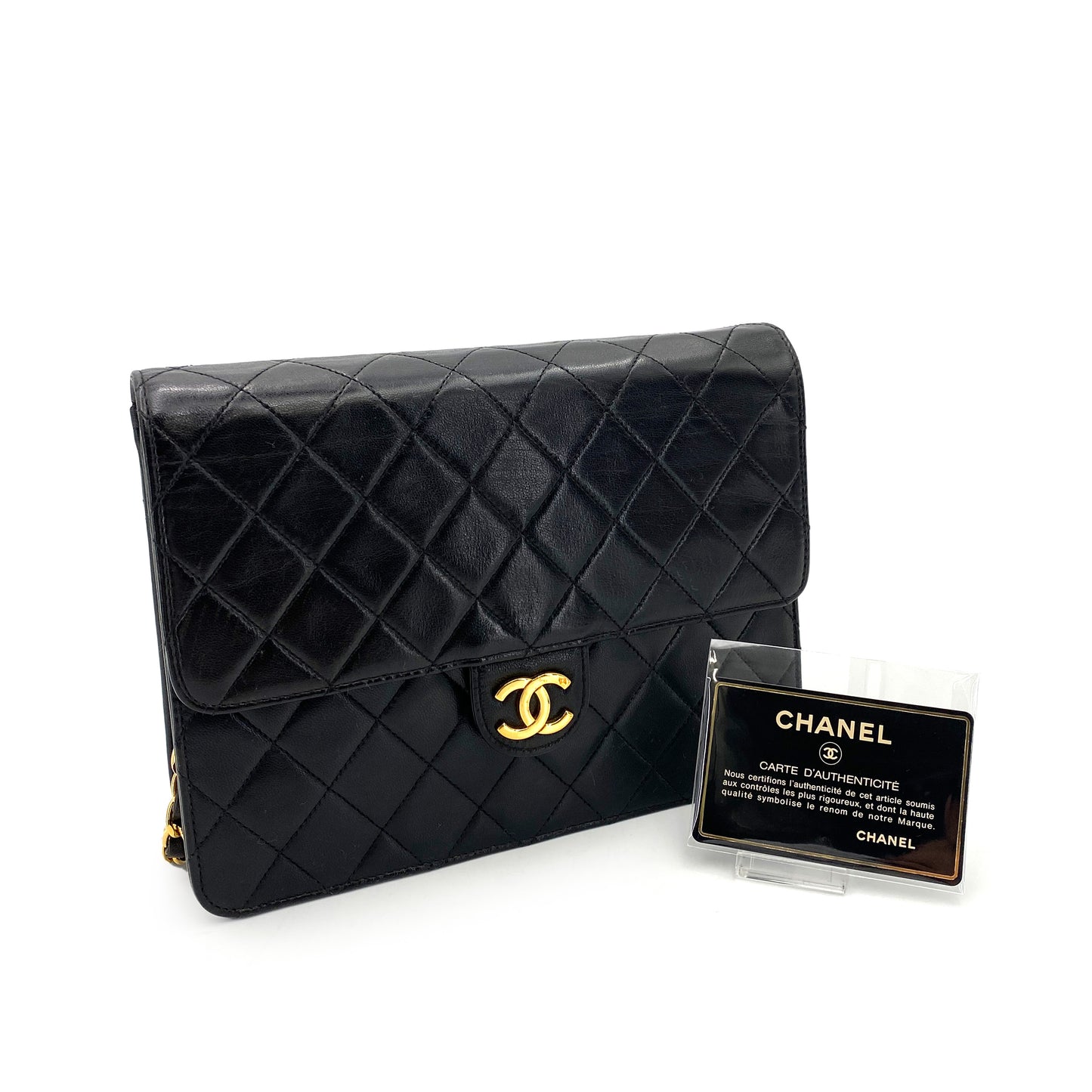 CHANEL VINTAGE MATELASSE PUSH LOCK CHAIN SHOULDER BAG BLACK LAMB SKIN 90246356