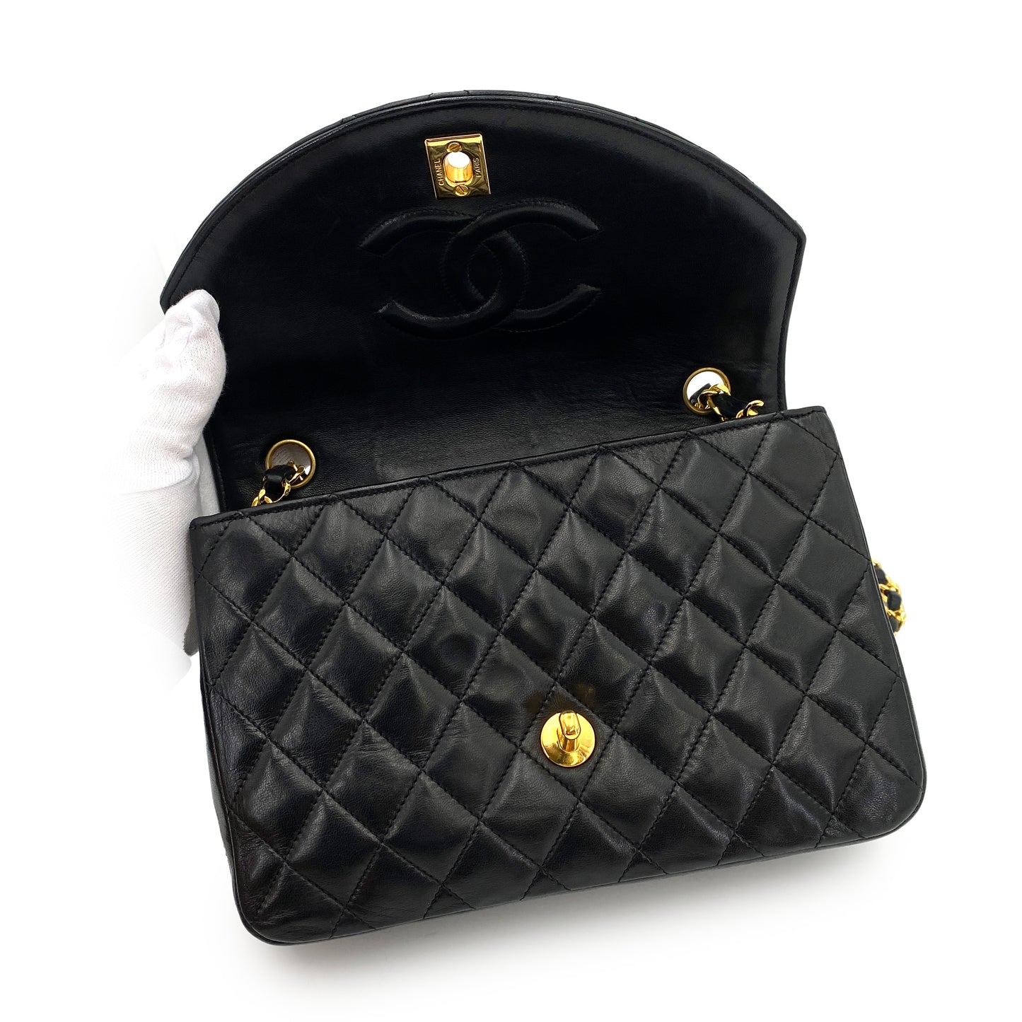 CHANEL VINTAGE HALF MOON CHAIN SHOULDER BAG BLACK LAMB SKIN 90246902
