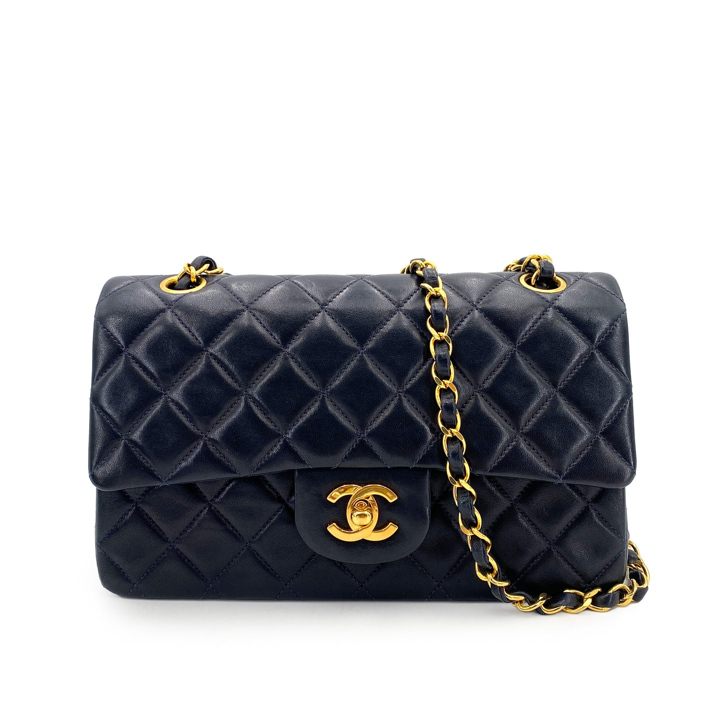 CHANEL VINTAGE CLASSIC FLAP SMALL CHAIN SHOULDER BAG NAVY LAMB SKIN 90246915
