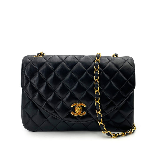 CHANEL VINTAGE HALF MOON CHAIN SHOULDER BAG BLACK LAMB SKIN 90246917
