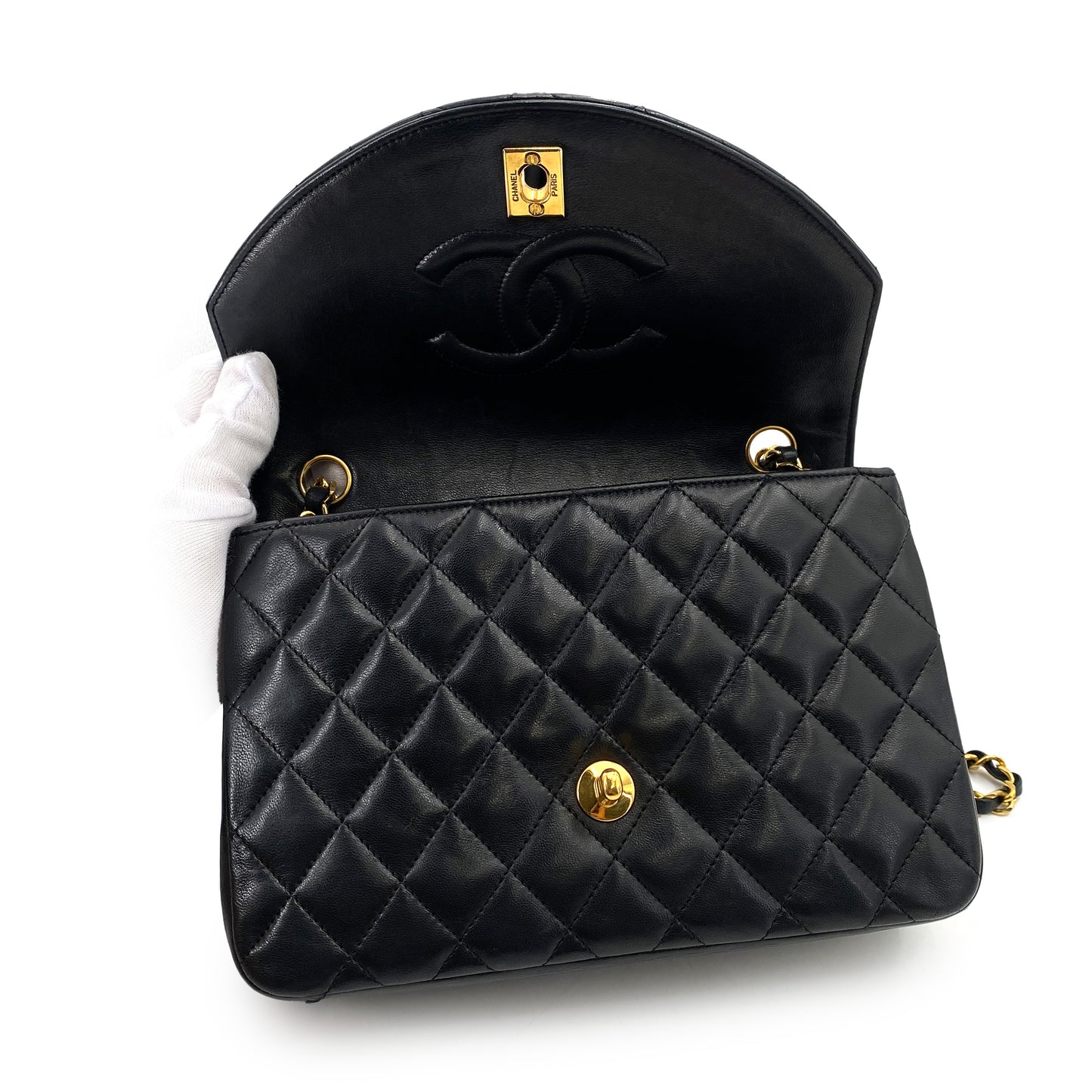 CHANEL VINTAGE HALF MOON CHAIN SHOULDER BAG BLACK LAMB SKIN 90246917