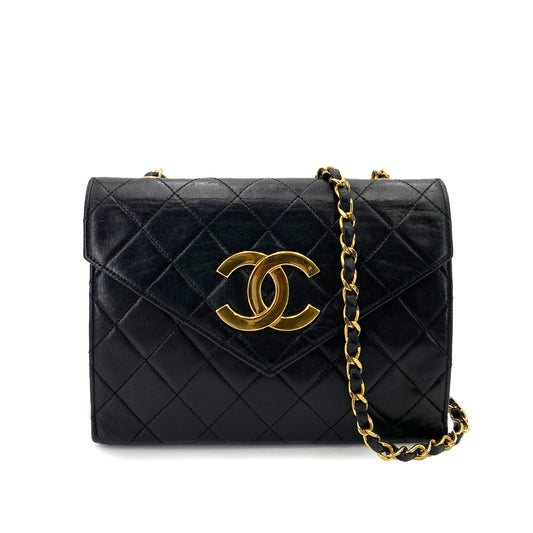 CHANEL VINTAGE MATELASSE BIG COCO CHAIN SHOULDER BAG BLACK LAMB SKIN 90246919