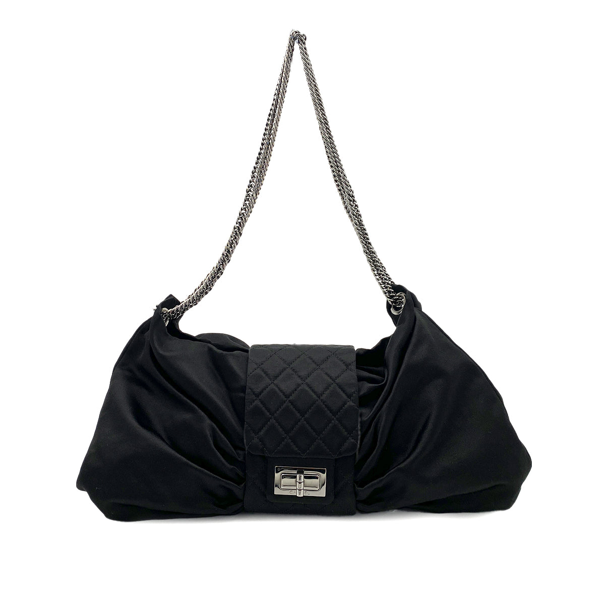 CHANEL VINTAGE 2.55 RIBBON CHAIN SHOULDER BAG BLACK SATIN 90246922