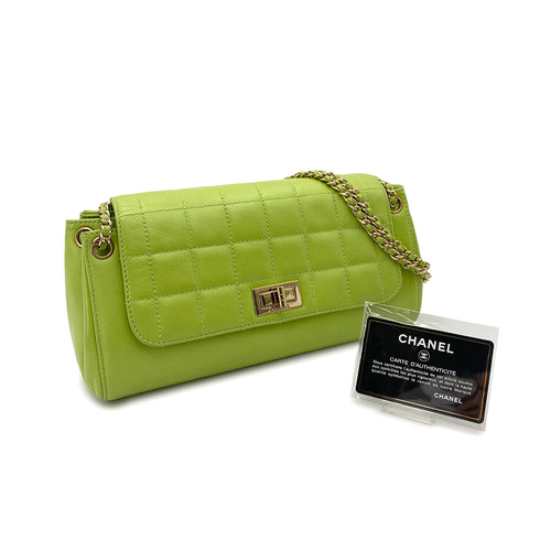CHANEL VINTAGE 2.55 CHOCOLATE BAR CHAIN SHOULDER BAG GREEN LAMB SKIN 90246923