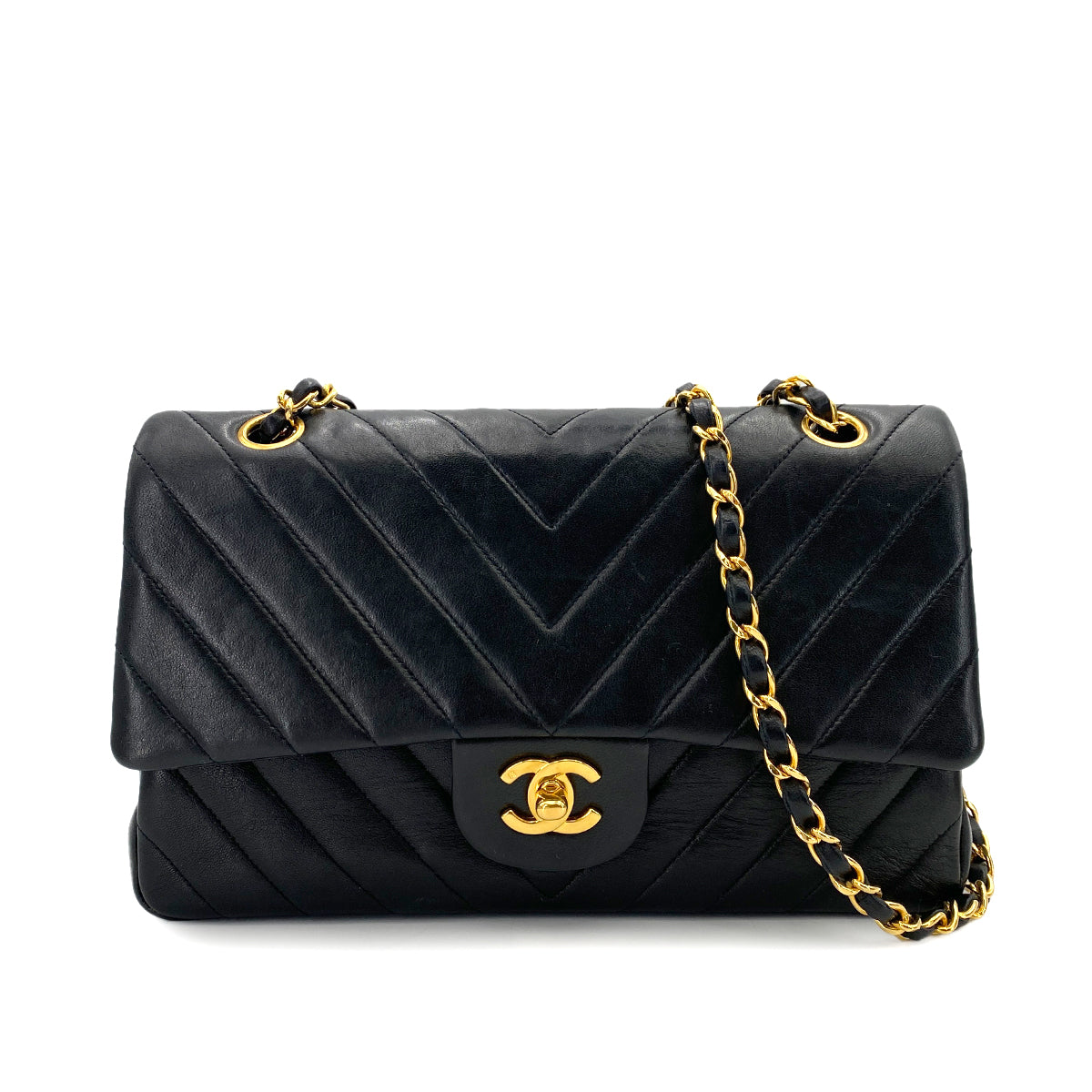 CHANEL VINTAGE CHEVRON DOUBLE FLAP CHAIN SHOULDER BAG BLACK LAMB SKIN 90246926