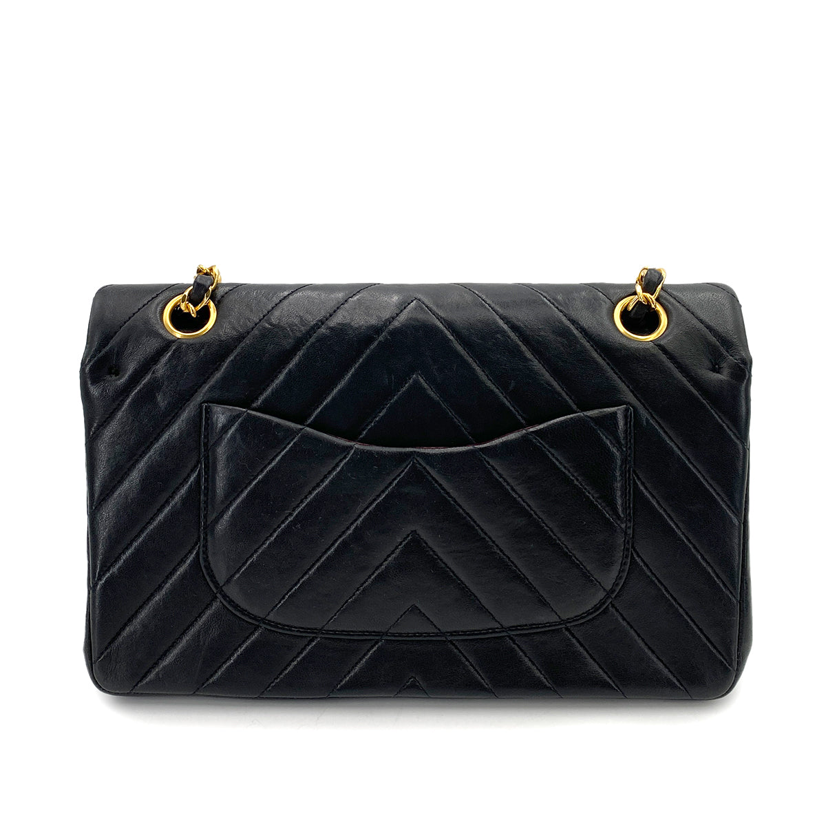 CHANEL VINTAGE CHEVRON DOUBLE FLAP CHAIN SHOULDER BAG BLACK LAMB SKIN 90246926