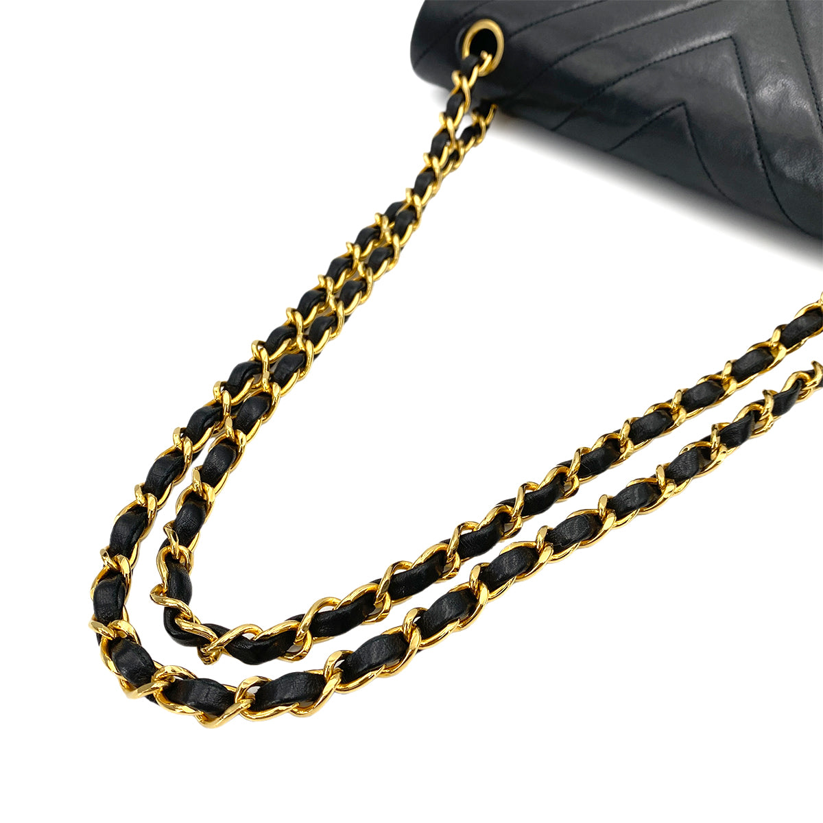 CHANEL VINTAGE CHEVRON DOUBLE FLAP CHAIN SHOULDER BAG BLACK LAMB SKIN 90246926