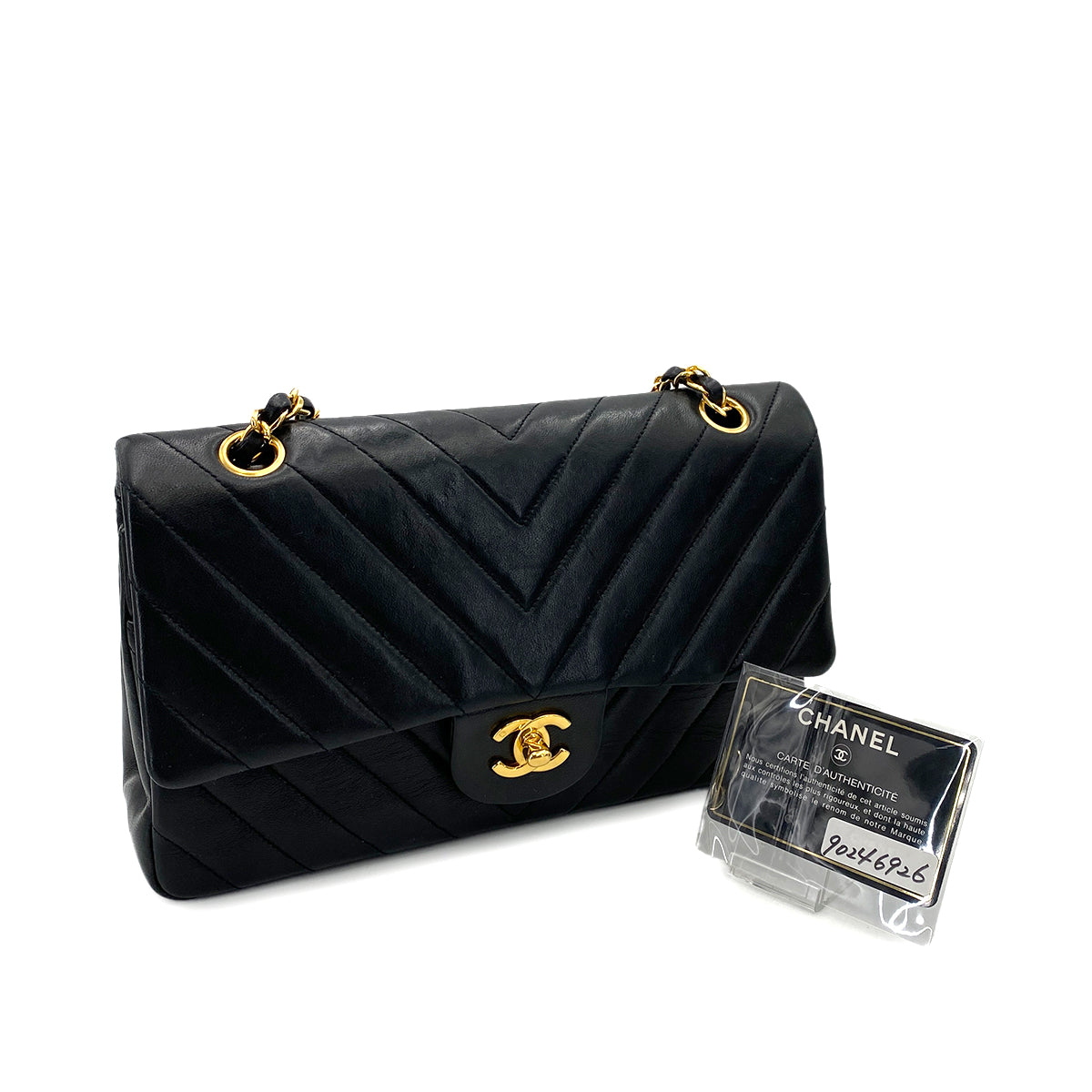 CHANEL VINTAGE CHEVRON DOUBLE FLAP CHAIN SHOULDER BAG BLACK LAMB SKIN 90246926