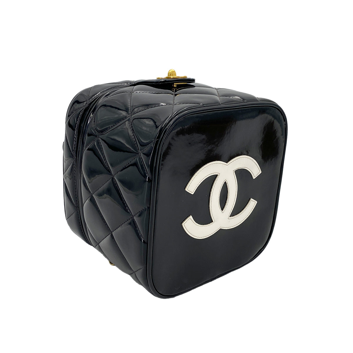 CHANEL VINTAGE VANITY HEART MIRROR HAND BAG BLACK ENAMEL 90246932