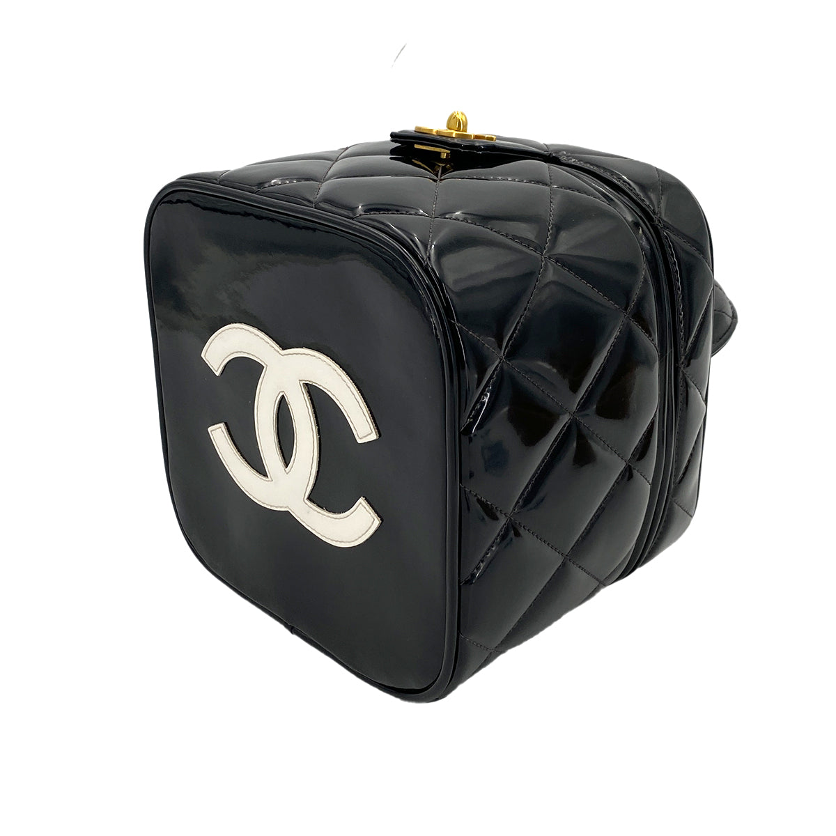 CHANEL VINTAGE VANITY HEART MIRROR HAND BAG BLACK ENAMEL 90246932