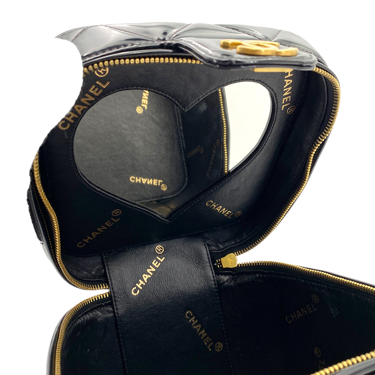CHANEL VINTAGE VANITY HEART MIRROR HAND BAG BLACK ENAMEL 90246932