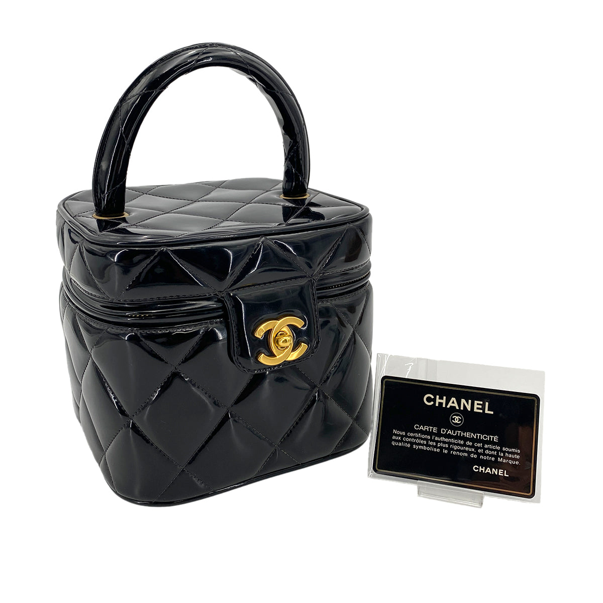 CHANEL VINTAGE VANITY HEART MIRROR HAND BAG BLACK ENAMEL 90246932
