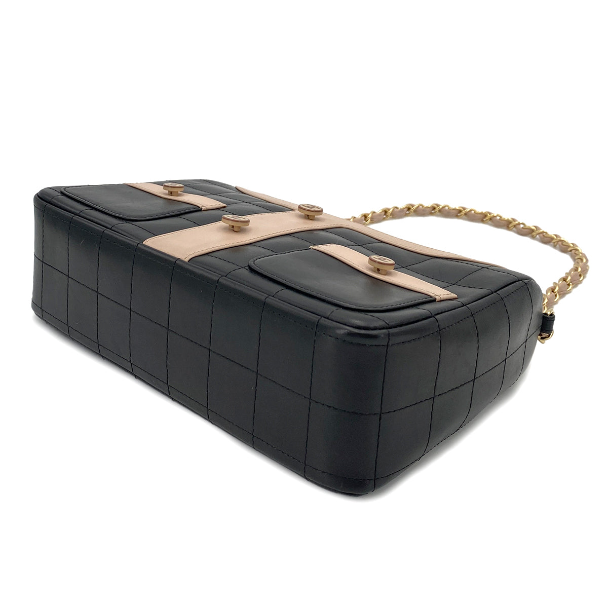 CHANEL VINTAGE GIRL CHANEL CHAIN SHOULDER BAG BLACK BEIGE CALF SKIN 90247084