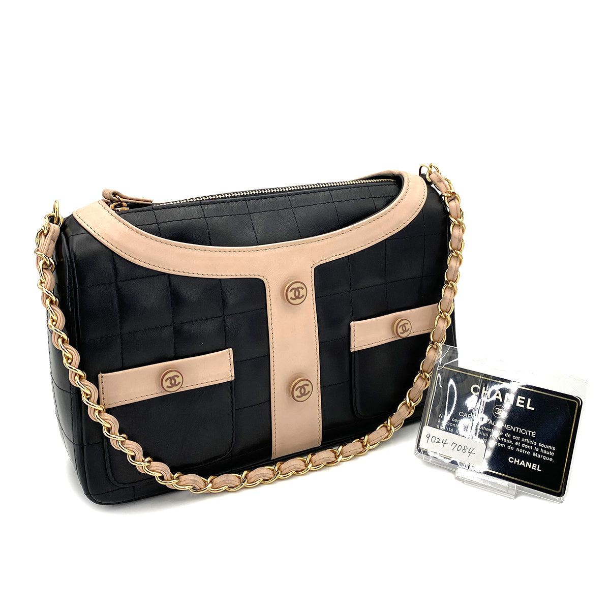 CHANEL VINTAGE GIRL CHANEL CHAIN SHOULDER BAG BLACK BEIGE CALF SKIN 90247084