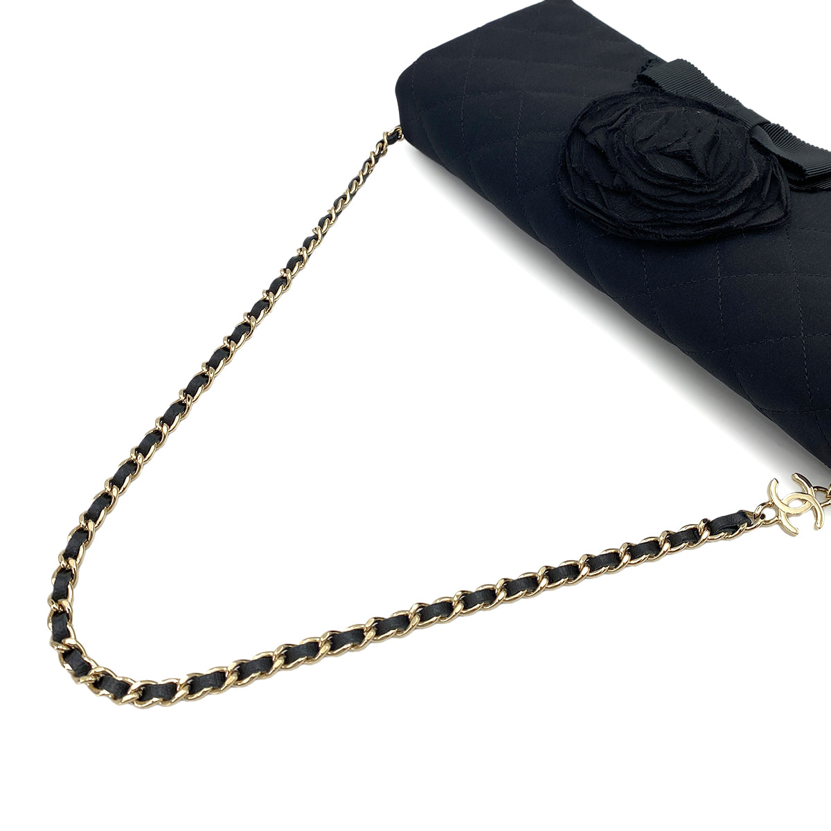 CHANEL VINTAGE CAMELLIA FLOWER CHAIN SHOULDER BAG BLACK SATIN 90247103