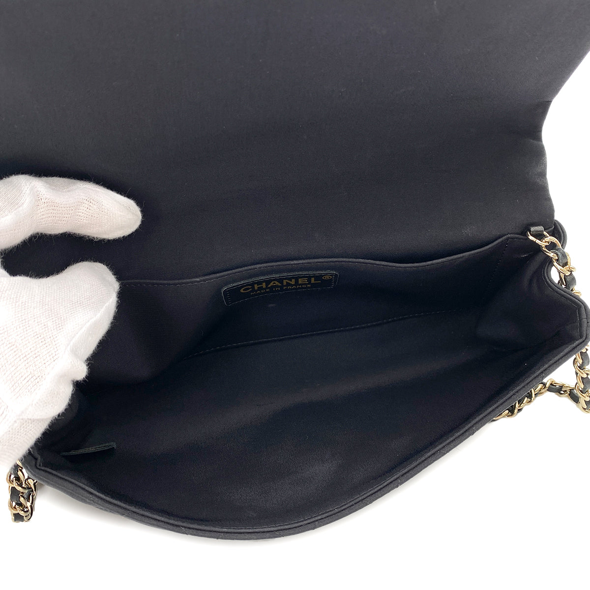 CHANEL VINTAGE CAMELLIA FLOWER CHAIN SHOULDER BAG BLACK SATIN 90247103