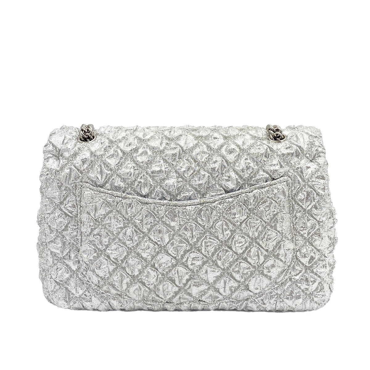 CHANEL FLAP SMALL CHAIN SHOULDER BAG METALLIC SILVER CANVAS 90247122