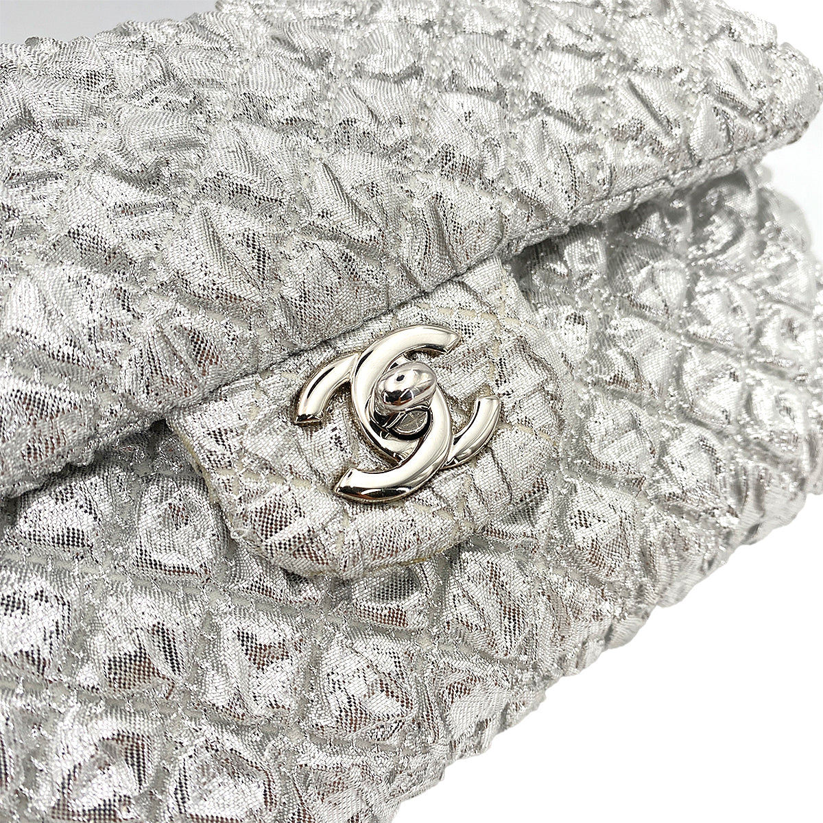 CHANEL FLAP SMALL CHAIN SHOULDER BAG METALLIC SILVER CANVAS 90247122