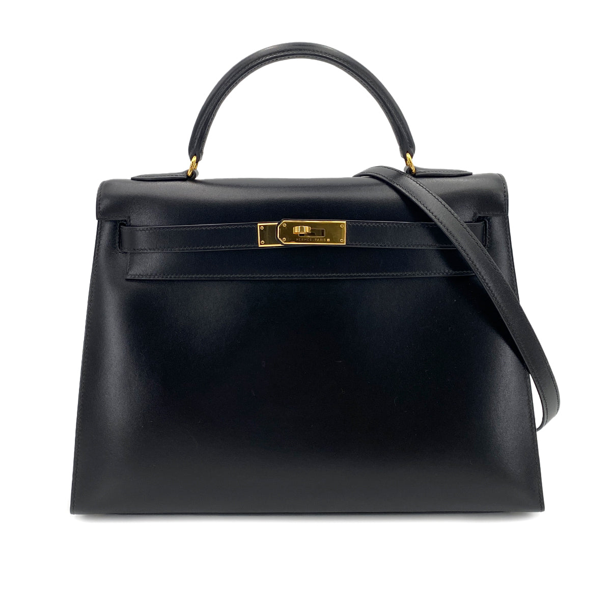 HERMES KELLY 32 SELLIER BLACK BOX CALF HAND SHOULDER BAG □C 90247163
