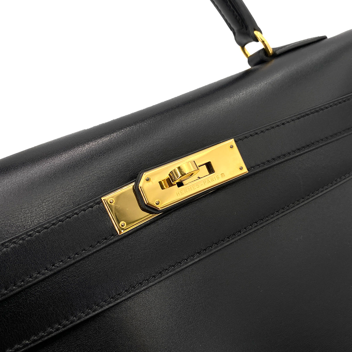 HERMES KELLY 32 SELLIER BLACK BOX CALF HAND SHOULDER BAG □C 90247163