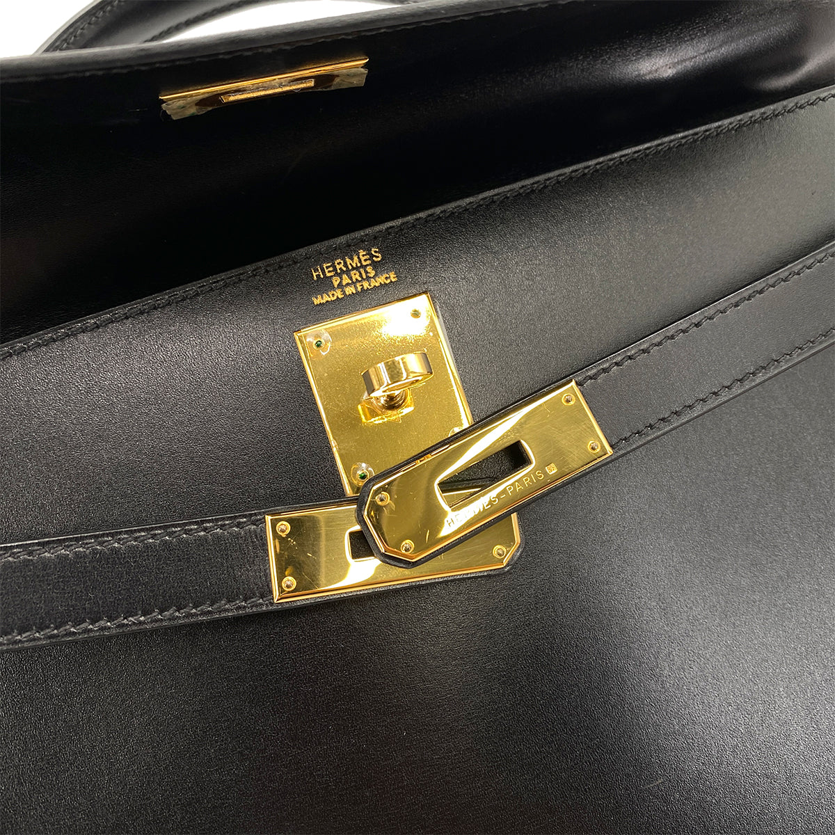 HERMES KELLY 32 SELLIER BLACK BOX CALF HAND SHOULDER BAG □C 90247163