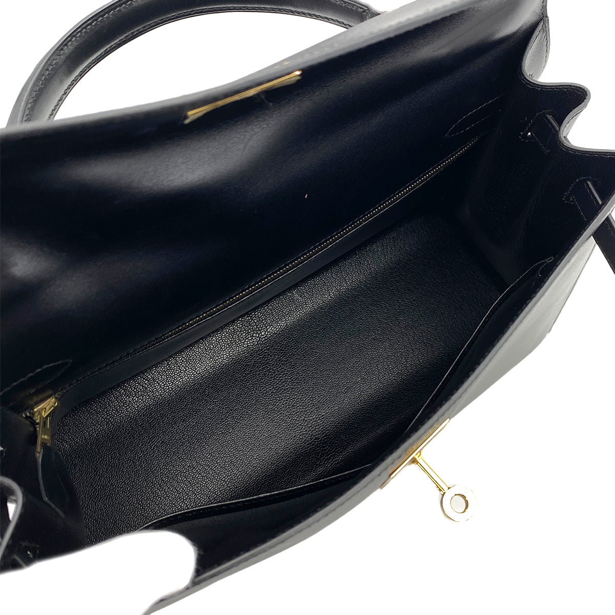 HERMES KELLY 32 SELLIER BLACK BOX CALF HAND SHOULDER BAG □C 90247163