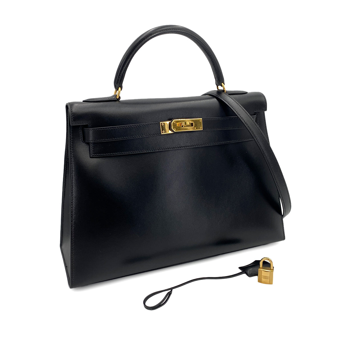 HERMES KELLY 32 SELLIER BLACK BOX CALF HAND SHOULDER BAG □C 90247163