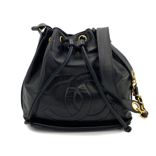 CHANEL VINTAGE DRAWSTRING CHAIN SHOULDER BAG BLACK LAMB SKIN 90247170