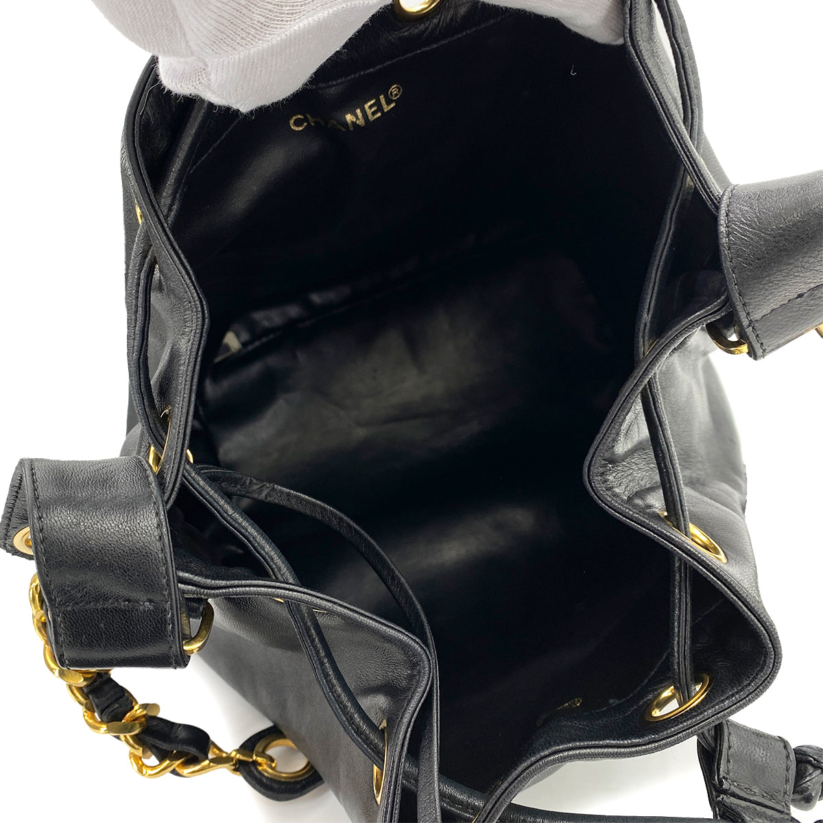 CHANEL VINTAGE DRAWSTRING CHAIN SHOULDER BAG BLACK LAMB SKIN 90247170