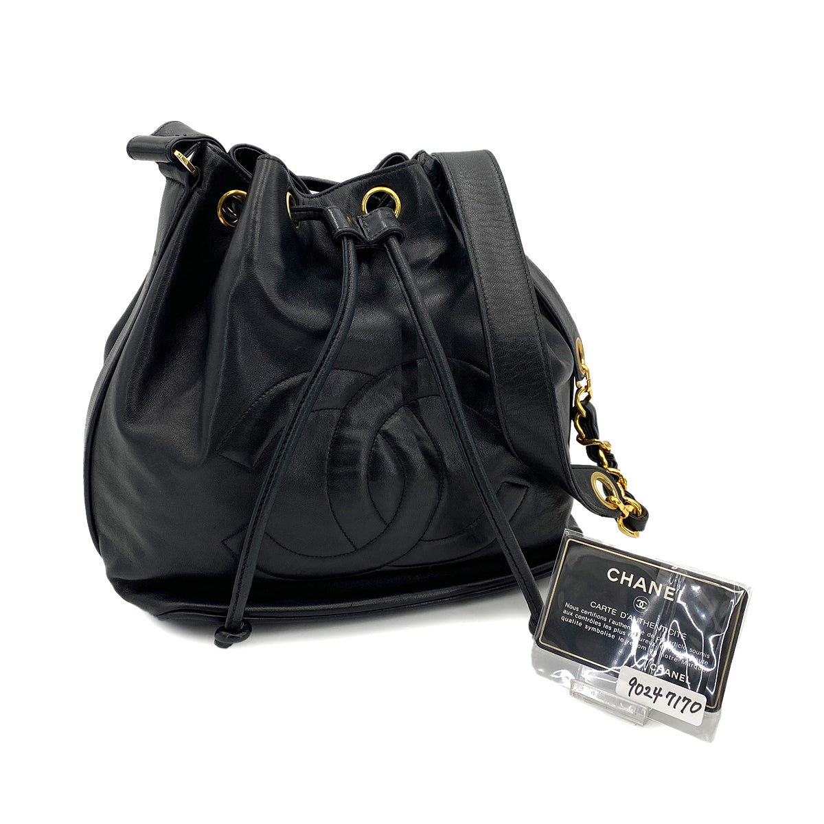 CHANEL VINTAGE DRAWSTRING CHAIN SHOULDER BAG BLACK LAMB SKIN 90247170