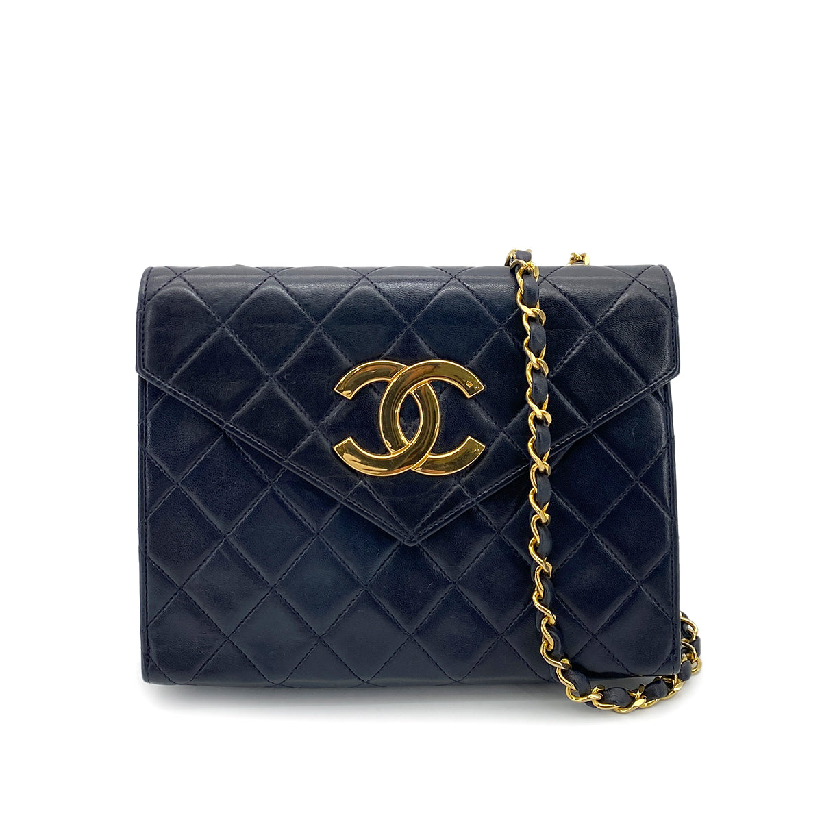 CHANEL VINTAGE MATELASSE BIG COCO CHAIN SHOULDER BAG NAVY LAMB SKIN 90247174
