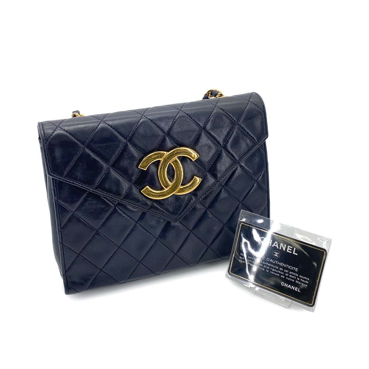 CHANEL VINTAGE MATELASSE BIG COCO CHAIN SHOULDER BAG NAVY LAMB SKIN 90247174