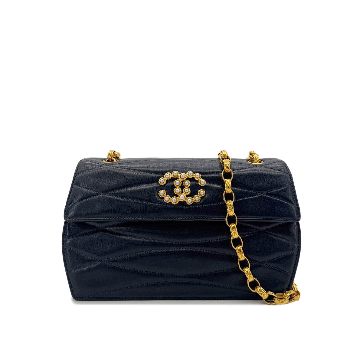 CHANEL VINTAGE BIJOU CHAIN SHOULDER BAG COCOMARK FAUX PEARL NAVY LAMB SKIN 90247175