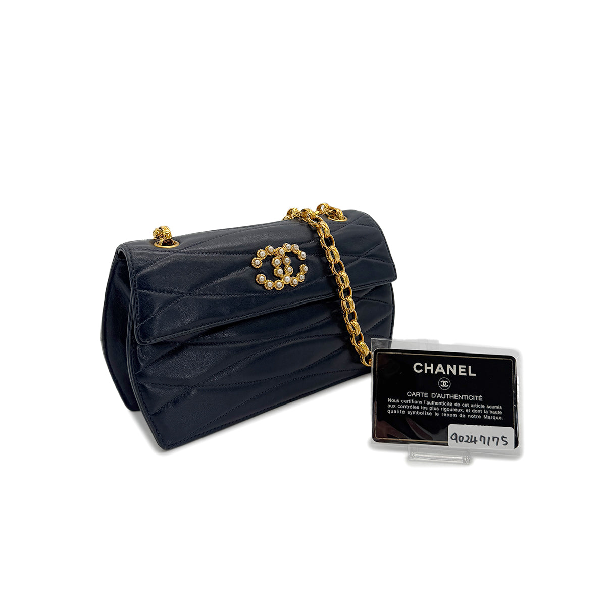 CHANEL VINTAGE BIJOU CHAIN SHOULDER BAG COCOMARK FAUX PEARL NAVY LAMB SKIN 90247175