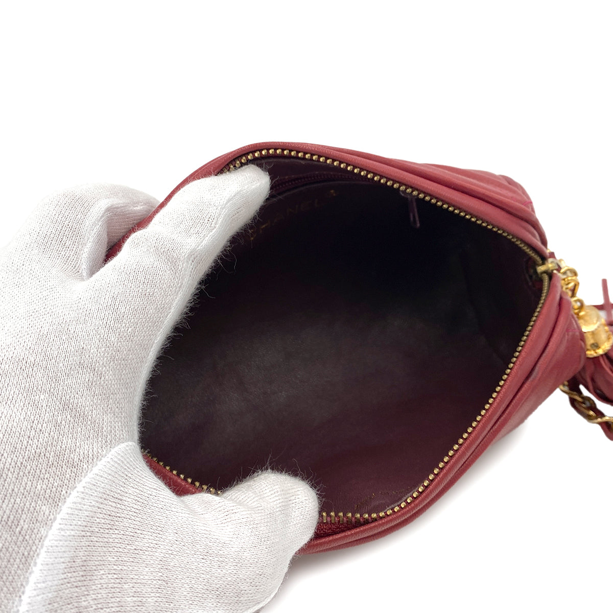 CHANEL VINTAGE FRINGE CHAIN SHOULDER BAG RED LAMB SKIN 90247183