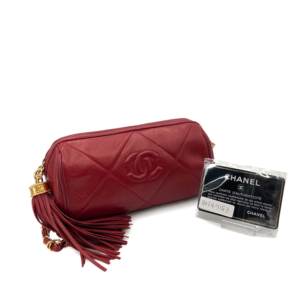 CHANEL VINTAGE FRINGE CHAIN SHOULDER BAG RED LAMB SKIN 90247183