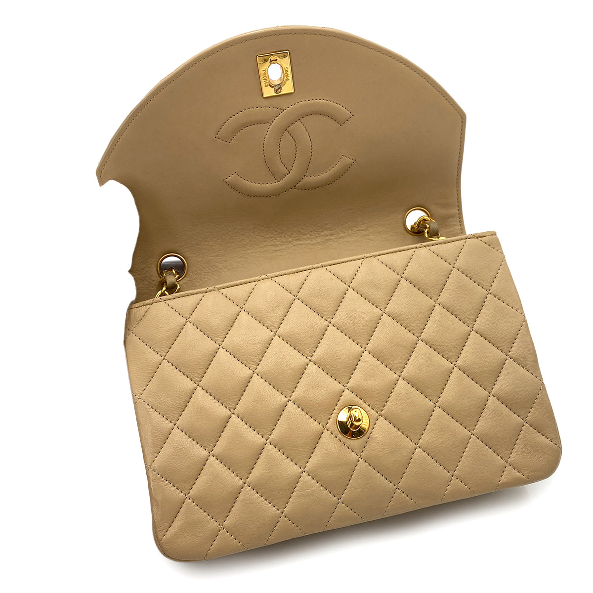 CHANEL VINTAGE HALF MOON CHAIN SHOULDER BAG BEIGE LAMB SKIN 90247188